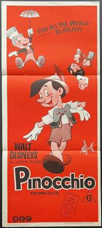 Pinocchio Movie Poster Original Daybill Disney 1970's Re-Issue Red Art